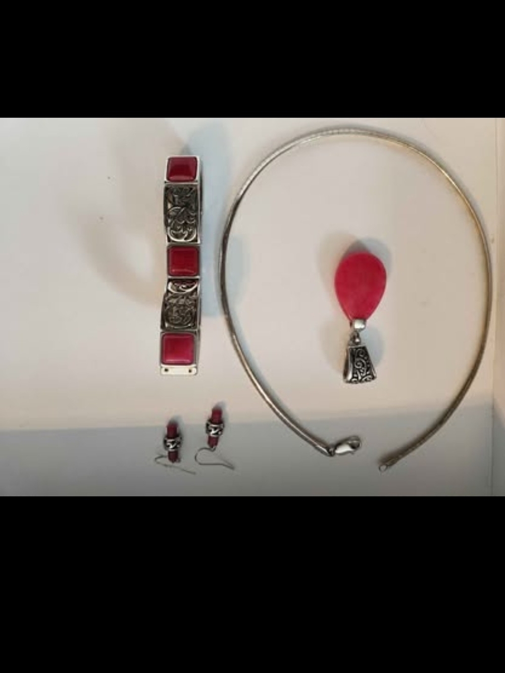 Lia Sophia Burgandy and Silver Pendant Necklace and Bracelet & Earrings Set